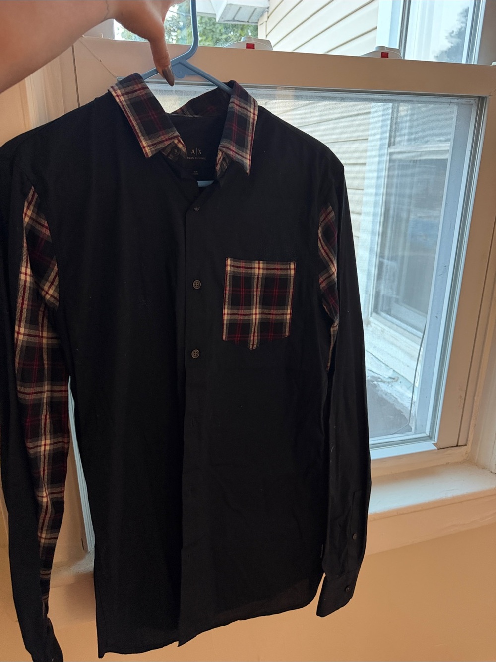 Armani Exchange Black Button-Down Shirt with Red White Plaid Accents
